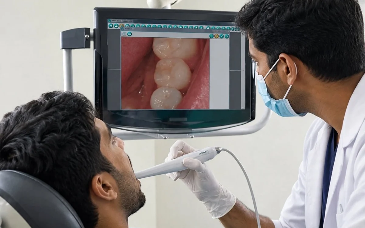 Doctor demonstrating tooth inspection on live HD screen with dental intraoral camera